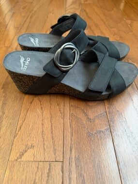 Dansko Black Nubuck Wedge Slide Sandals with Silver Buckle